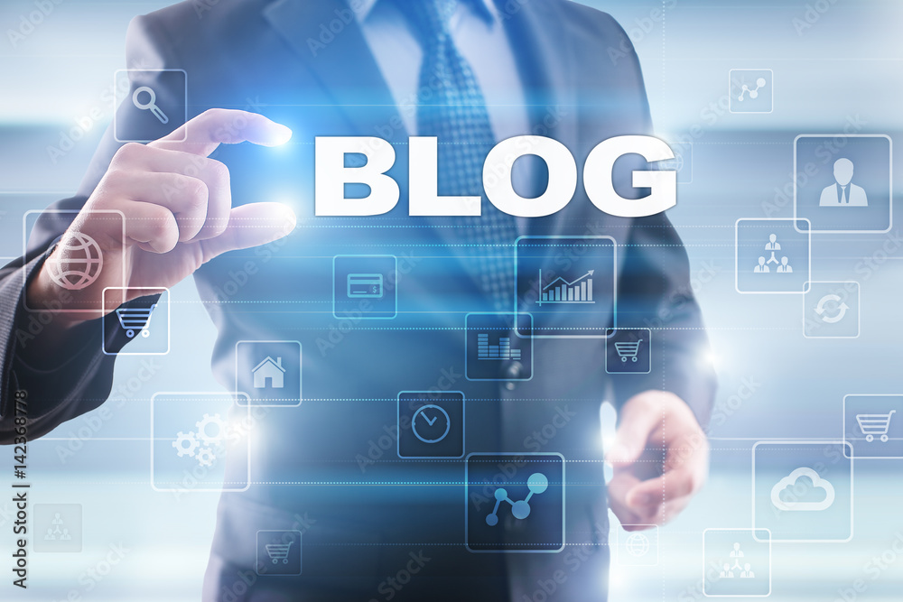 Businessman selecting blog on virtual screen. Businessman selecting blog on virtual screen.