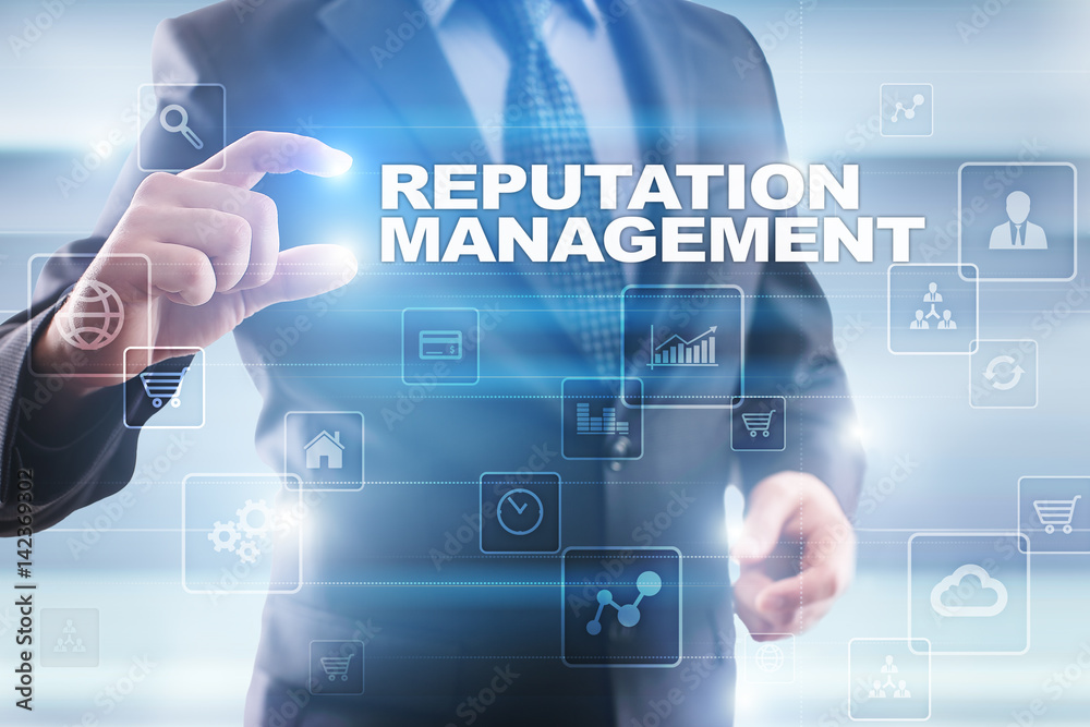 Businessman selecting reputation management on virtual screen. Businessman selecting reputation management on virtual screen.