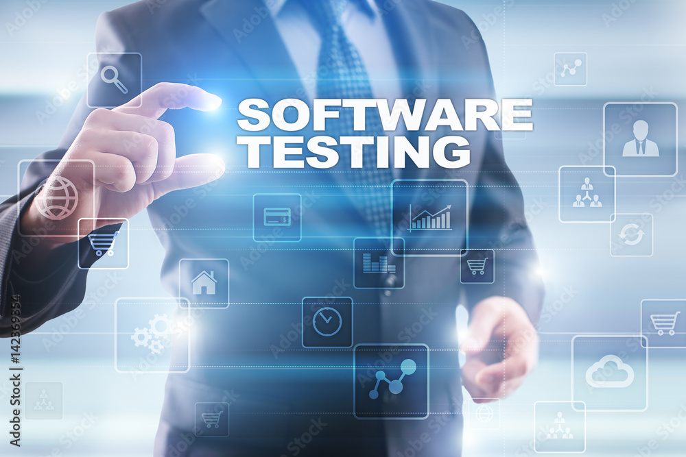 Businessman selecting software testing on virtual screen. Businessman selecting software testing on virtual screen.