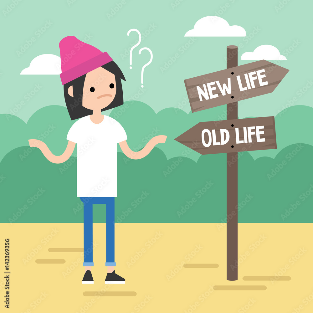 Young concerned girl trying to decide where to go / editable flat vector illustration, clip art Young concerned girl trying to decide where to go / editable flat vector illustration, clip art
