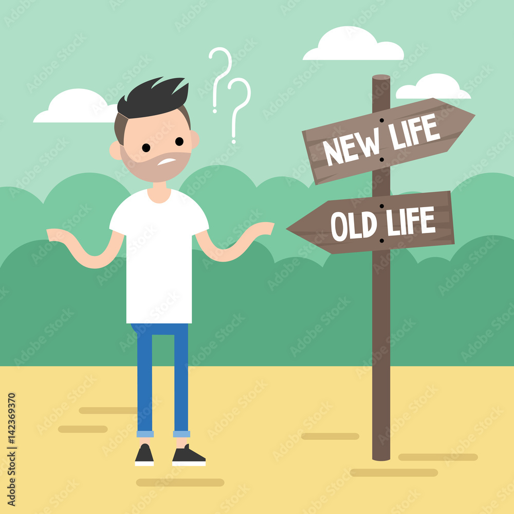 Young concerned bearded man trying to decide where to go / editable flat vector illustration, clip art Young concerned bearded man trying to decide where to go / editable flat vector illustration, clip art