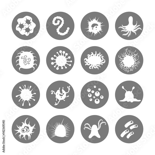 Microbes and immune bacteries white icons on grey rounds. Vector illustration