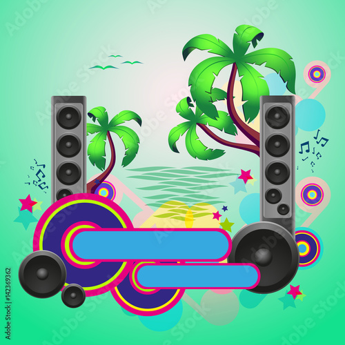 Tropical disco dance green background with speakers