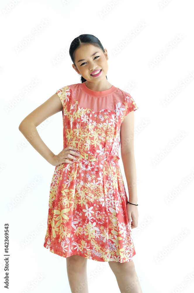 Asian teenager girl 13 years old post like model with summer short dress on white background. Asian teenager girl 13 years old post like model with summer short dress on white background.