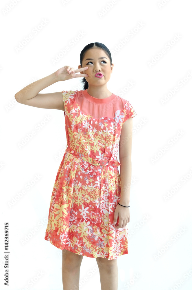 Asian teenager girl 13 years old post like model with summer short dress on white background. Asian teenager girl 13 years old post like model with summer short dress on white background.
