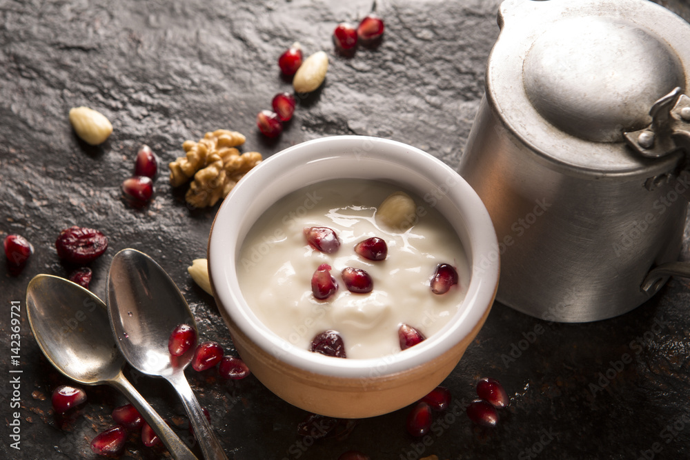yogurt almond, pomegranate, rhubarb, walnut dessert breakfast yogurt almond, pomegranate, rhubarb, walnut dessert breakfast