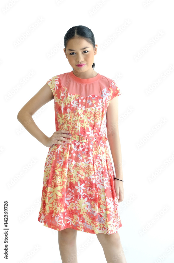 Asian teenager girl 13 years old post like model with summer short dress on white background. Asian teenager girl 13 years old post like model with summer short dress on white background.