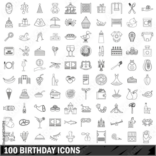 100 birthday icons set  outline style
