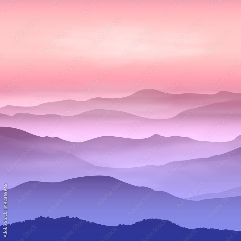 Background with mountains in the fog. Sunset time.