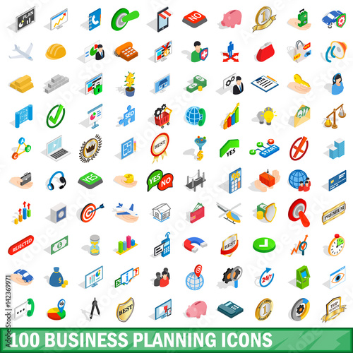100 business planning icons set, isometric style
