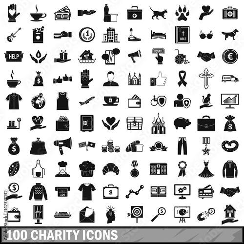 100 charity icons set, simple style 