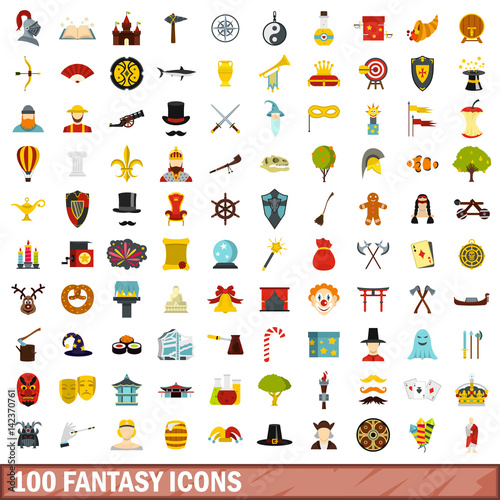 100 fantasy icons set, flat style