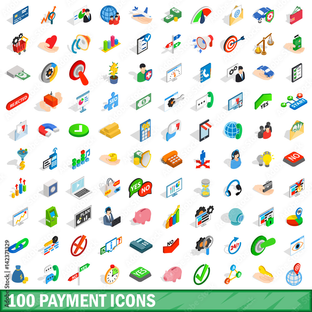 100 payment icons set, isometric 3d style