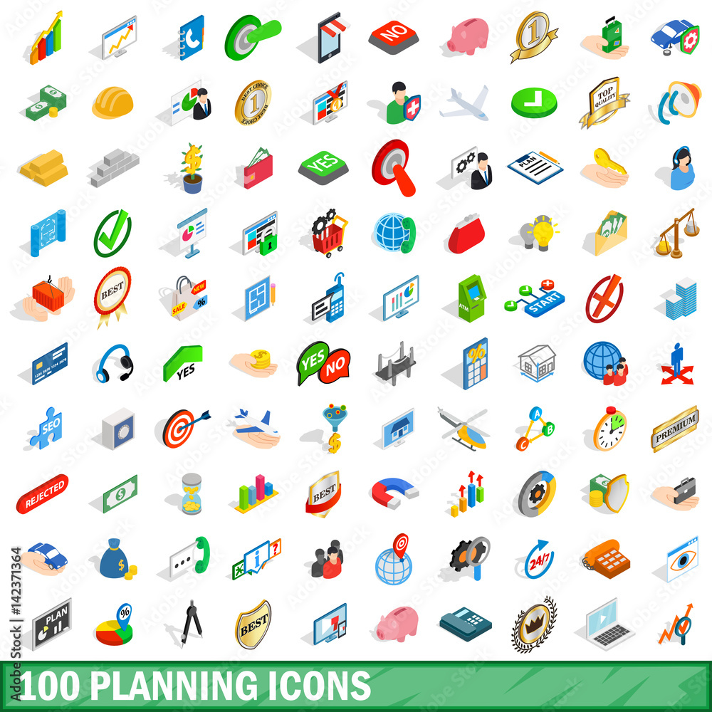 100 planning icons set, isometric 3d style 100 planning icons set, isometric 3d style