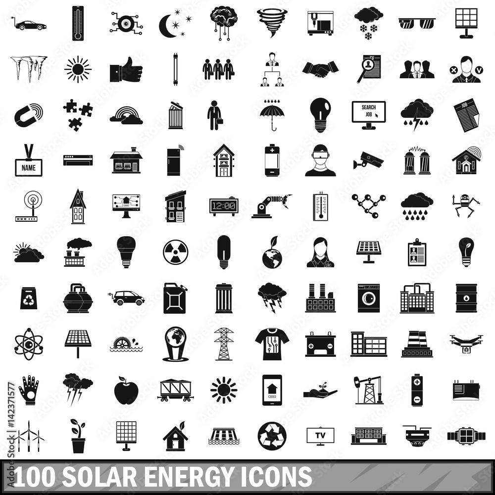 100 solar energy icons set, simple style 