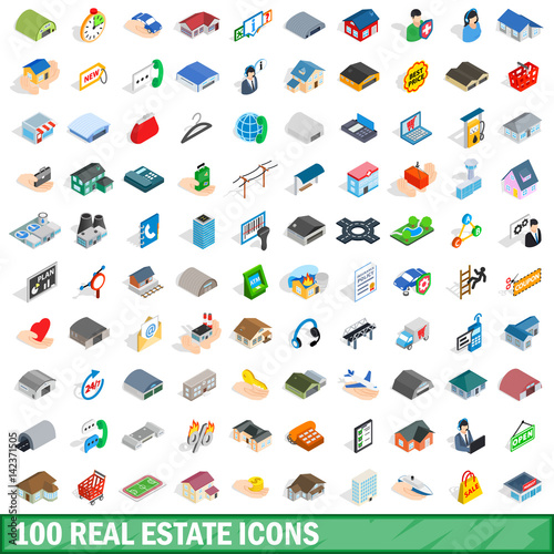 100 real estate icons set, isometric 3d style