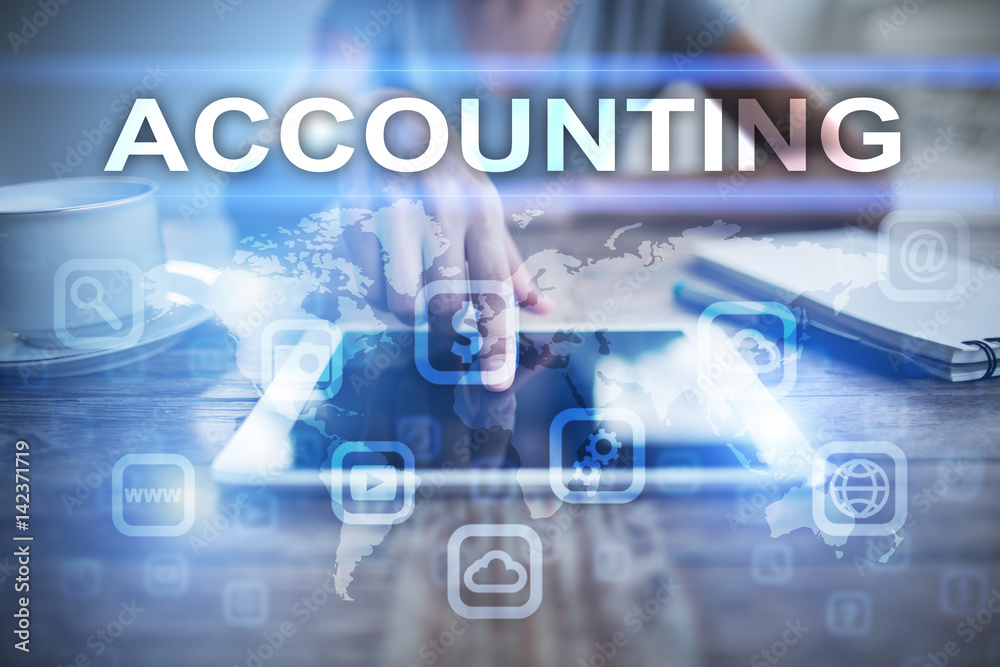 Woman using tablet pc, pressing on virtual screen and selecting accounting. Woman using tablet pc, pressing on virtual screen and selecting accounting.