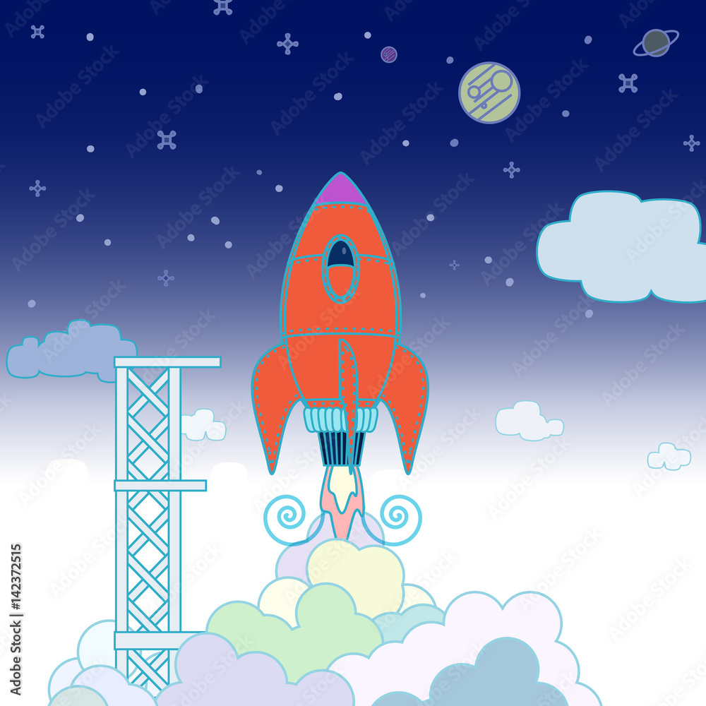 Retro rocket taking off from a launch pad with a star and planet sky background.
Retro rocket taking off from a launch pad with a star and planet sky background.