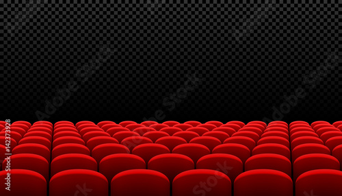 Rows of red cinema movie theater seats on transparent background