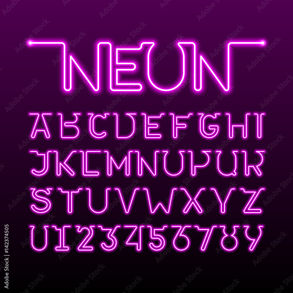 One thin single continuous line neon tube font. Alphabet and numbers One thin single continuous line neon tube font. Alphabet and numbers