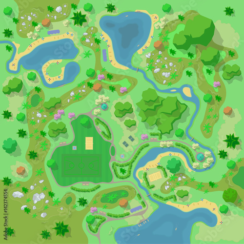 Site improvement  Landscape and tourist camp in the forest. (Top view) Mountains, stones,  hills, river, trees, plants, boats, lake, beach. (View from above). Terrain design. Vector illustration.