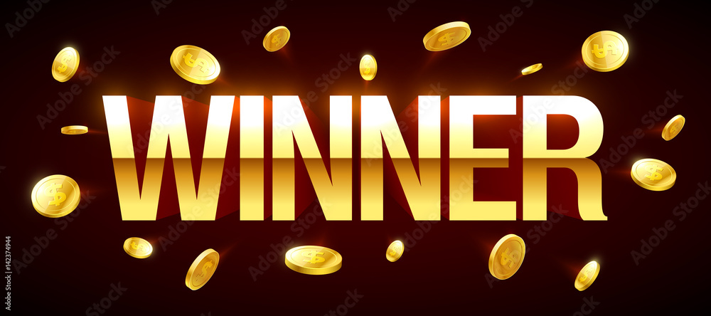 Winner casino banner with winner inscription and gold explosion of coins around