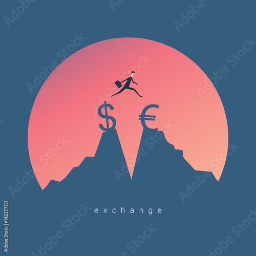 Minimalist style vector business finance concept. exchange businessman jumps dollar and euro