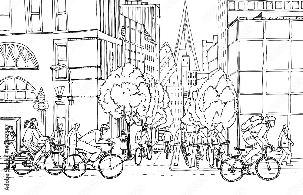 Obraz premium Office workers commute to the City centre by bikes. Cyclists on the City roads. Healthy life concept illustration. 