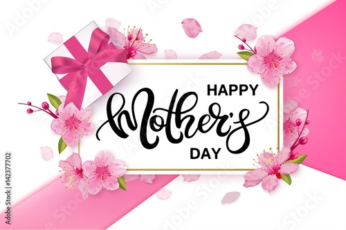 Happy Mother's Day vector banner with cherry blossoms flowers.