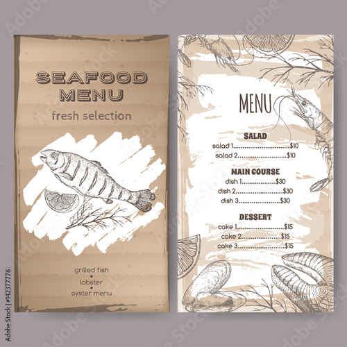 Seafood restaurant menu template with sketch of grilled fish