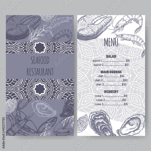 Seafood restaurant menu template on blue blackground