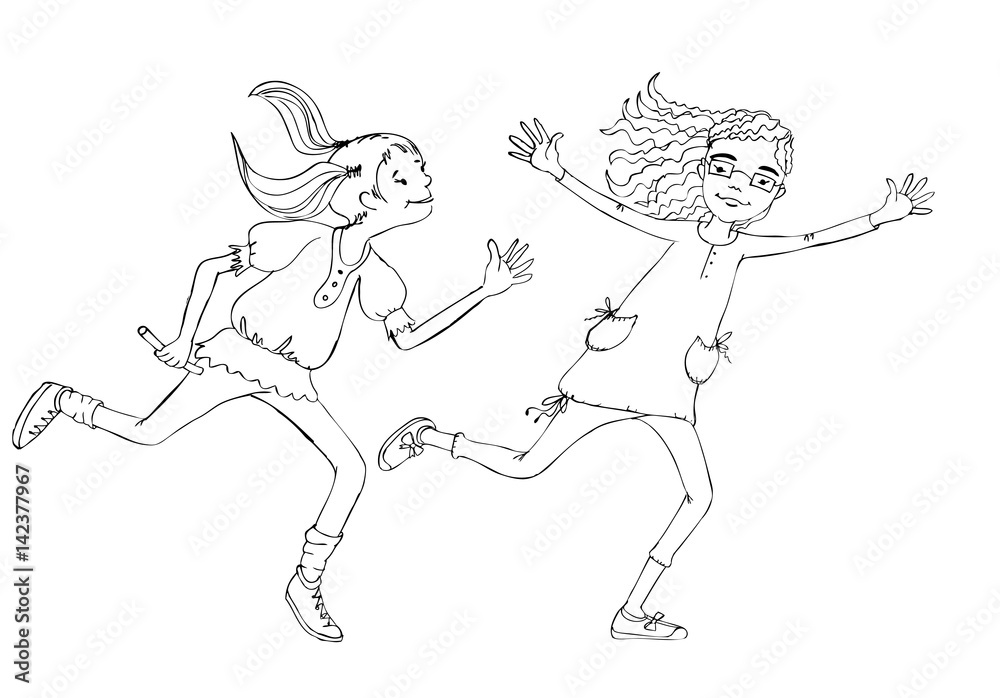 Silhouette of happy running girls
