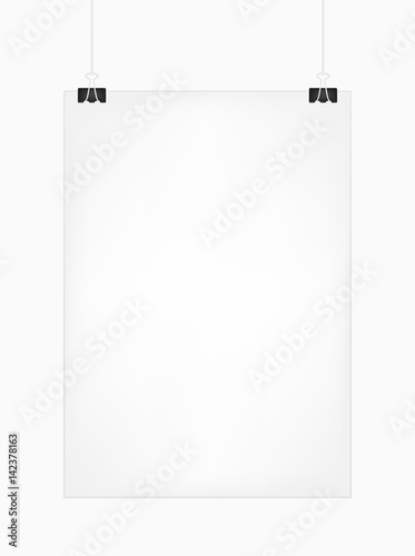 White vertical poster template hanging on clips, isolated on a white background. Poster realistic mokcup on a wall .