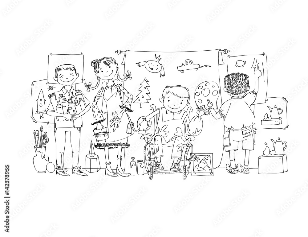 Group of children, include the boy in the wheel chair during the art lesson, drawing and enjoying activities. Illustration Group of children, include the boy in the wheel chair during the art lesson, drawing and enjoying activities. Illustration