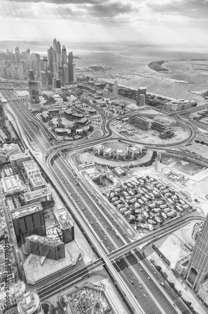 Sheikh Zayed road aerial view in Dubai, UAE