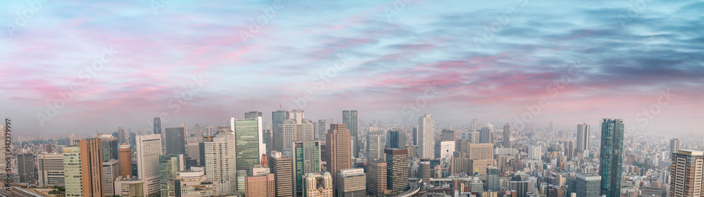 Amazing panoramic sunset view of Osaka skyline, Japan, All ads removed
