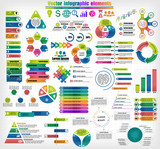 Set of different infographics templates. Colorful labels, circular and pyramid charts, timeline elements. Vector illustration.