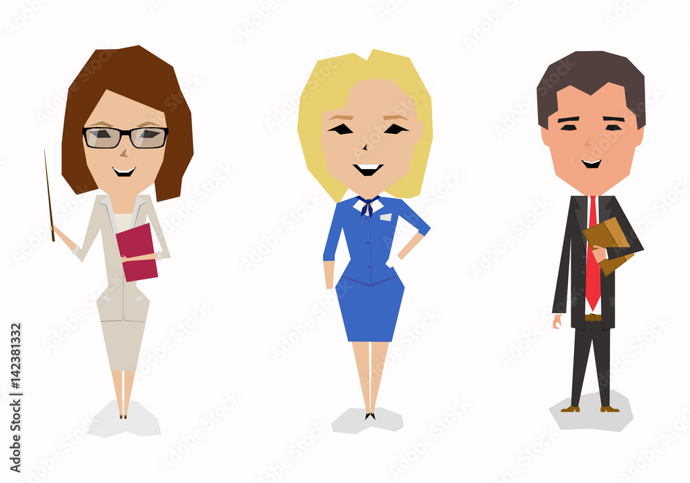 Cartoon characters. A set of professions. Teacher, stewardess, lawyer Cartoon characters. A set of professions. Teacher, stewardess, lawyer
