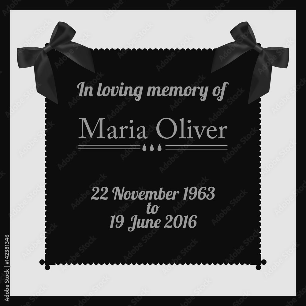 Funeral frame. Elegant mourning card with black bow and inscription