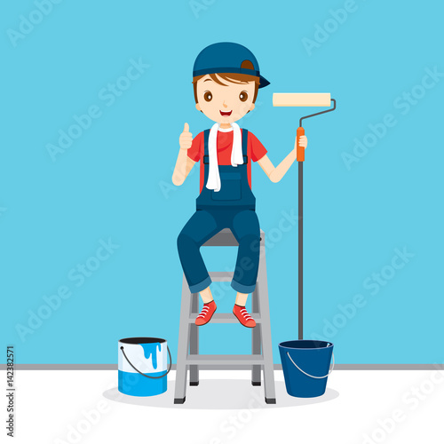 Painter On Ladder Front Of Wall, People Occupations, Profession, Worker, Job, Duty