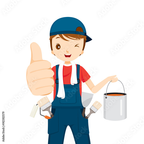 Painter Thumbs-Up With Colour Bucket And Tools, People Occupations, Profession, Worker, Job, Duty