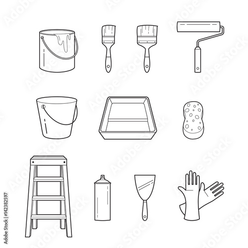 Painter Tools Objects Outline Icons Set, equipment, Profession, Occupation, Worker, Job, Duty