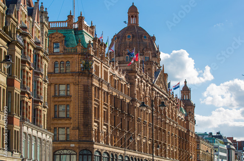 Sticker Harrods department store in Knightsbridge. London, UK