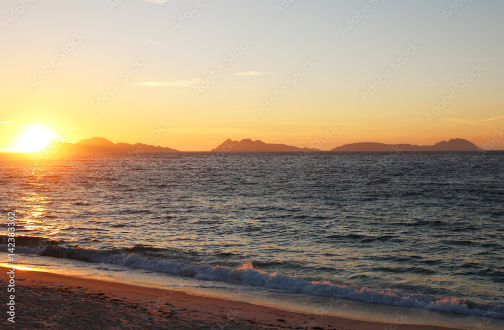 beautiful golden sunset in a beach of Vigo, Galicia-Spain