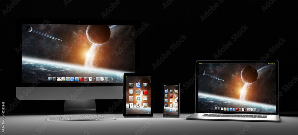 Fototapeta premium Dark modern computer laptop mobile phone and tablet 3D rendering