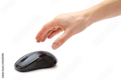 female hand holding computer mouse.