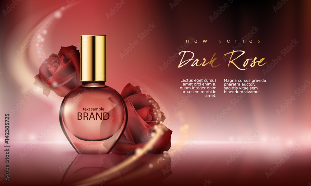 Vector illustration of a realistic style perfume in a glass bottle on a  wine-red background with luxurious burgundy roses. Great advertising poster  for promoting a new fragrance vector de Stock | Adobe