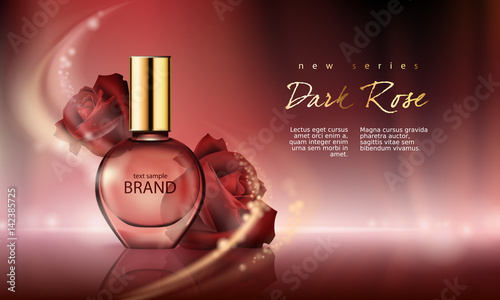 Vector illustration of a realistic style perfume in a glass bottle on a wine-red background with luxurious burgundy roses. Great advertising poster for promoting a new fragrance