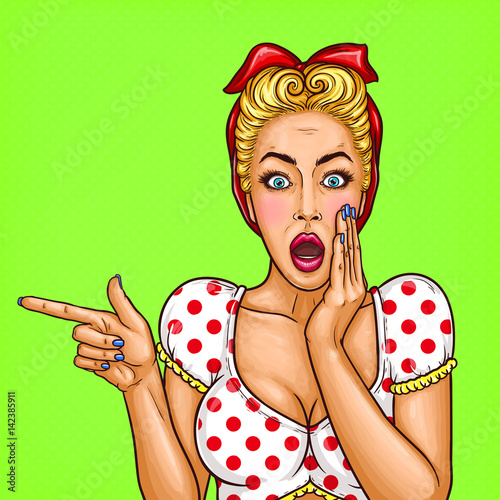 Vector pop art illustration of an excited blonde woman telling a secret information about a sale. Excellent advertising poster for advertising discounts and sales in the style of pop art