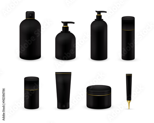 Blank cosmetic package collection set isolated on white background. Realistic cosmetic bottle mock up set. Shampoo and cream pack. Black color.